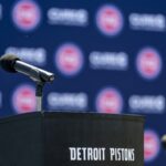 Jun 24, 2022; Detroit, Michigan, USA; A general image of the podium before the Detroit Pistons 2022 NBA Draft Introductory Press Conference. Mandatory Credit: Raj Mehta-USA TODAY Sports