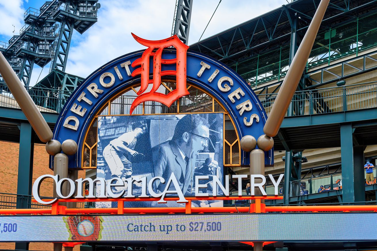 Entrance sign at Comerica Park, an architectural feature of...