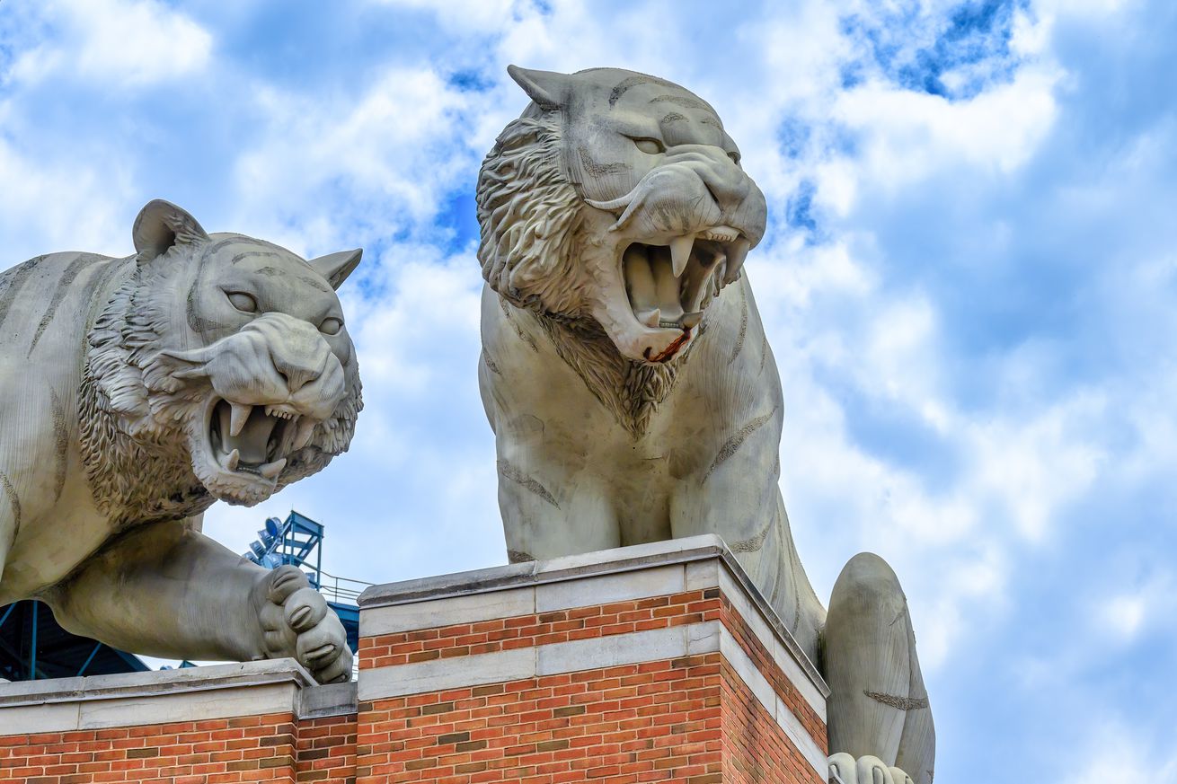 Tiger statues as decoration, an architectural feature of...