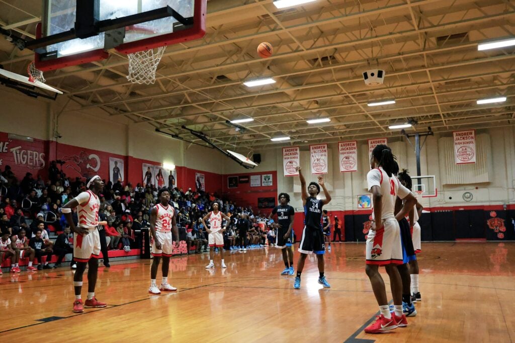 Ribault's Brandon McCoy (34) shoots a free throw during the second quarter of the Gateway Conference high school boys basketball tournament final Friday, Jan. 24, 2025 at Jackson High School in Jacksonville, Fla. [Corey Perrine/Florida Times-Union] © Corey Perrine/Florida Times-Union / USA TODAY NETWORK via Imagn Images