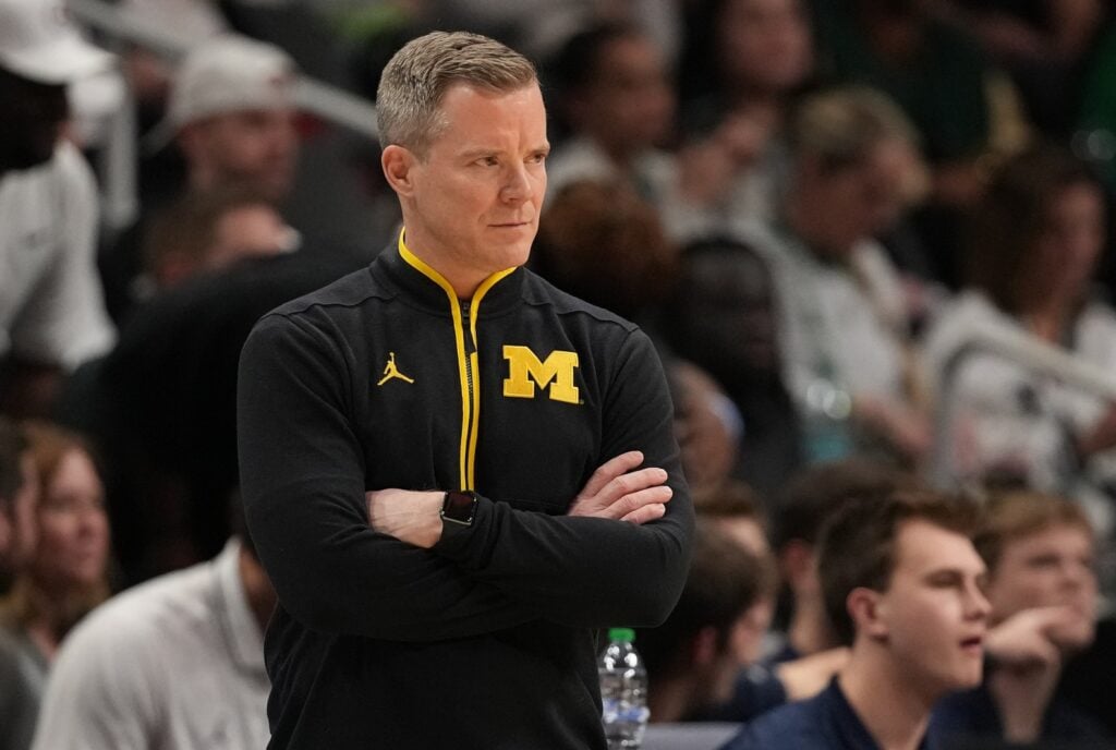 Mar 28, 2025; Atlanta, GA, USA; Michigan Wolverines head coach Dusty May in the first half of a South Regional semifinal of the 2025 NCAA tournament against the Auburn Tigers at State Farm Arena. Mandatory Credit: Dale Zanine-Imagn Images