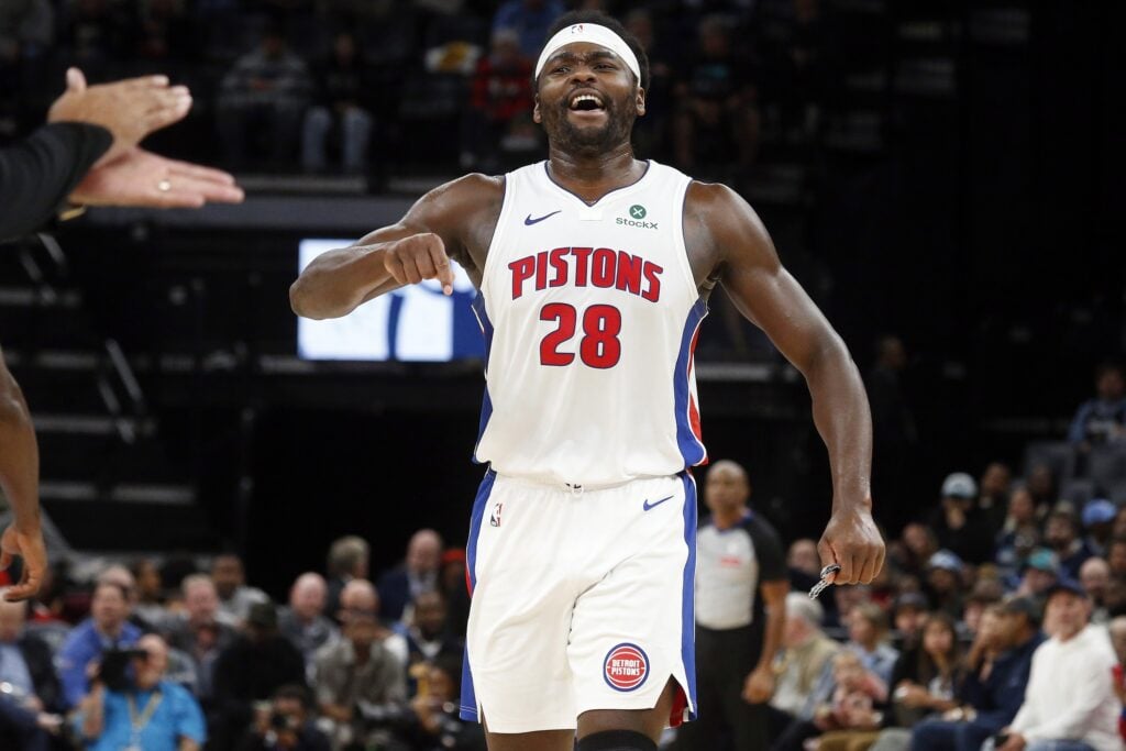 Nov 3, 2025; Memphis, Tennessee, USA; Detroit Pistons forward Isaiah Stewart (28) reacts during a timeout during the third quarter against the Memphis Grizzlies at FedExForum. Mandatory Credit: Petre Thomas-Imagn Images